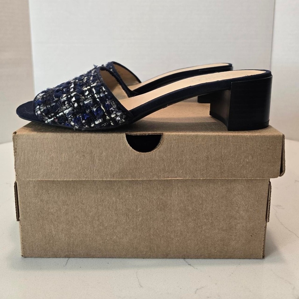 Franco Sarto Ramy Blue Tweed Block Heel Slide Sandals Preppy Vacation Chic- 7.5 - Picture 4 of 7